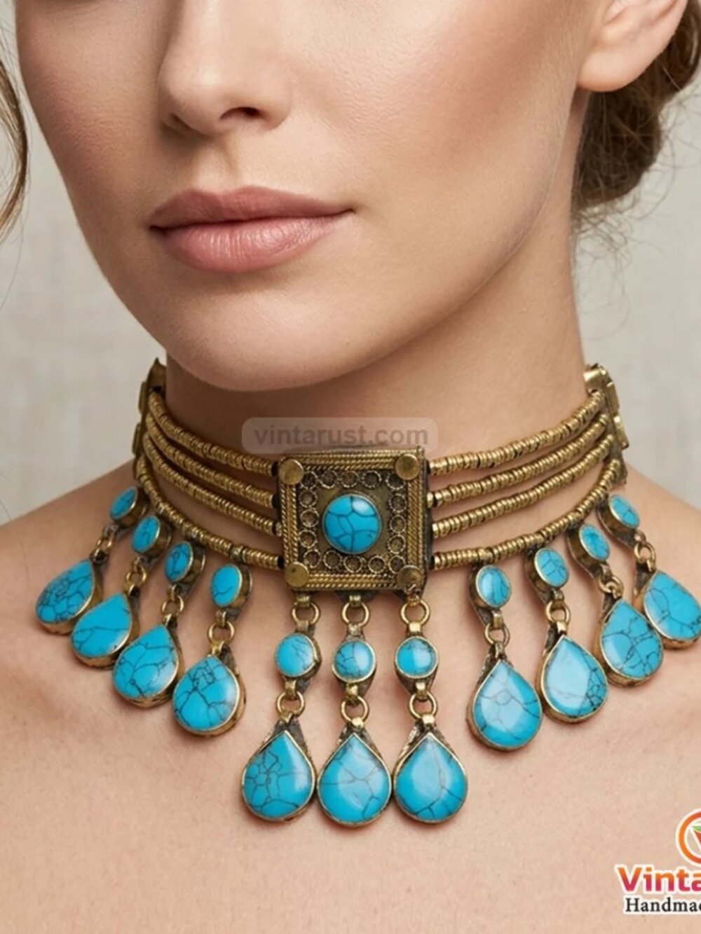 Handmade Turquoise Stone Choker: Afghan Tribal Necklace